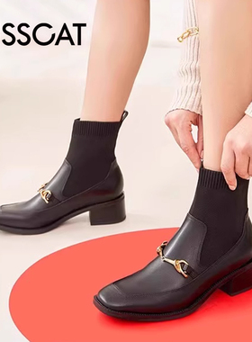 KISS CAT/接吻猫秋冬牛皮袜靴复古方头粗跟弹力靴女KA21526-51