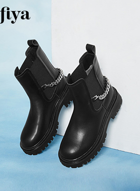 Safiya/索菲娅秋冬圆头金属链烟筒靴厚底切尔西短靴女SF14116041