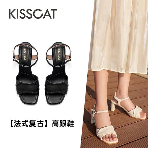 接吻猫羊皮方头粗高跟凉鞋
