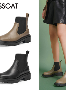 KISS CAT/接吻猫秋冬新款牛皮切尔西靴圆头厚底短靴女KA32549-50