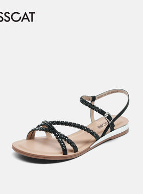 KISSCAT/接吻猫夏季新款水钻低跟一字扣带露趾凉鞋女KA21387-51
