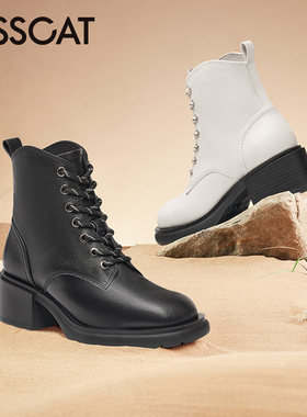 KISS CAT/接吻猫秋冬牛皮马丁靴系带粗跟户外短靴女KA32748-52