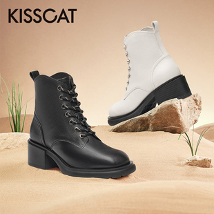 接吻猫秋冬牛皮马丁靴系带粗跟户外短靴女KA32748 KISS CAT