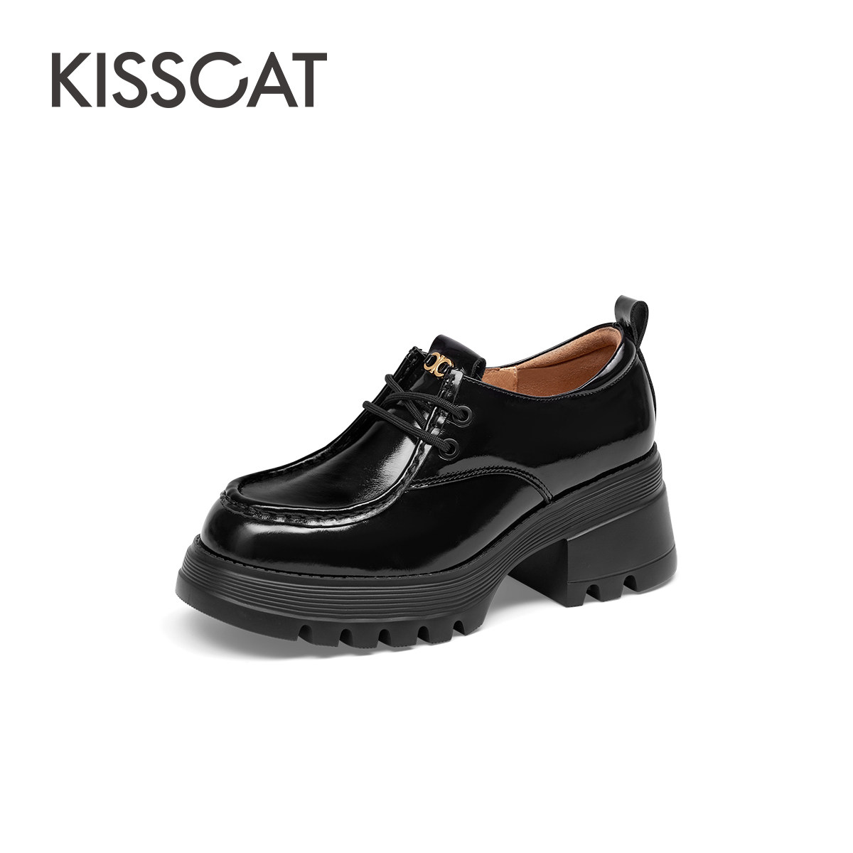 接吻猫牛皮厚底系带深口乐福鞋