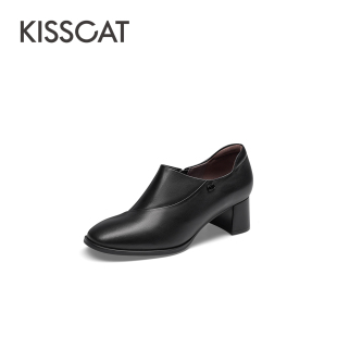 KISS 接吻猫春秋羊皮时装 靴圆头粗高跟通勤踝靴女KA54525 CAT