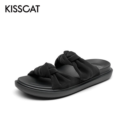 KISSCAT/接吻猫春秋圆头褶皱露趾一脚蹬低平底凉拖鞋女KA21340-53