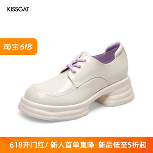 牛皮系带拼接粗跟单鞋 KA32646 接吻猫春秋圆头厚底女鞋 KISSCAT