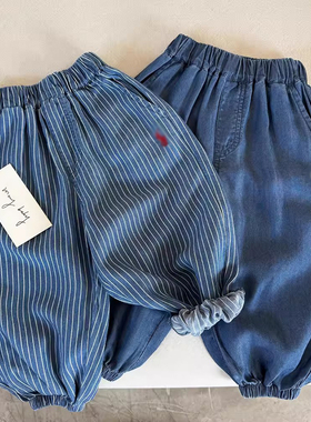 儿童条纹防蚊裤薄款夏季男女童天丝长裤软潮牌宝宝纯色灯笼裤透气