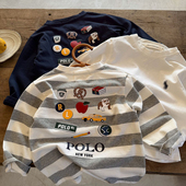 儿童T恤男长袖 女纯棉 小童条纹上衣洋气宝宝卡通打底衫 2026春季 款