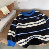 女保暖 小童条纹上衣洋气宝宝贴标打底衫 儿童加绒卫衣男2025冬季 款