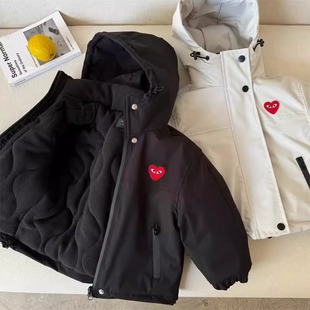 儿童连帽外套男夹棉冬季款小童爱心棉服加绒潮牌宝宝冲锋衣女加厚