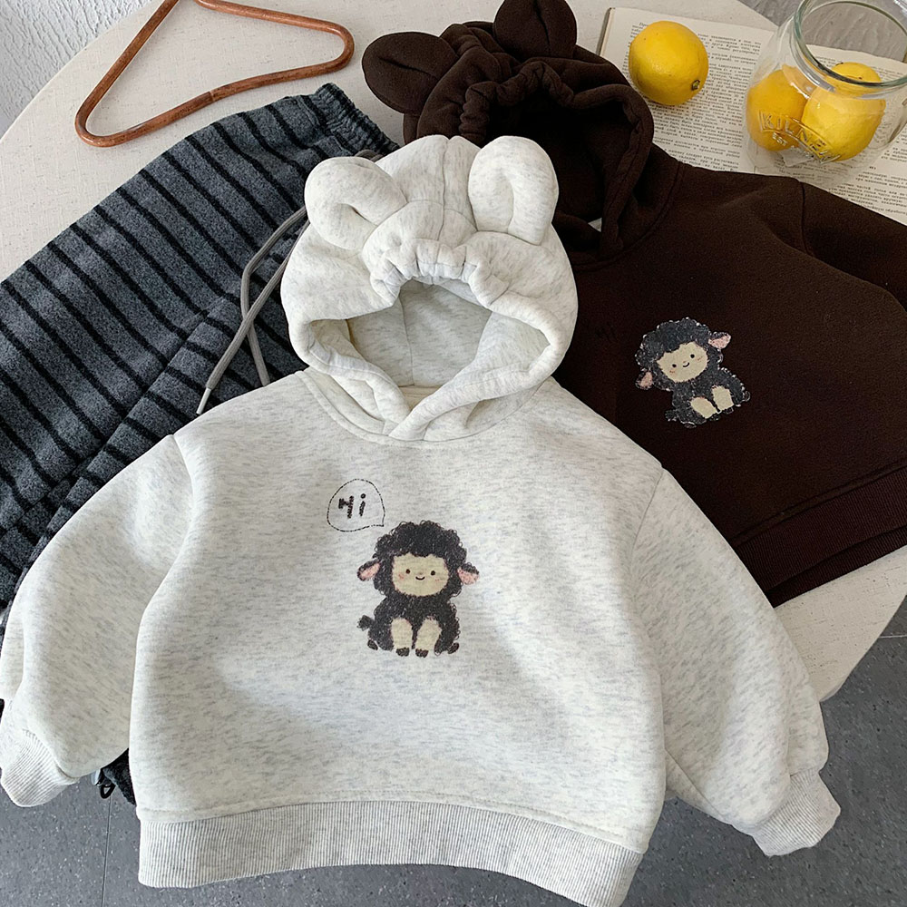 儿童连帽卫衣男加绒冬季新款小童卡通套头上衣宝宝兔耳帽衫女加厚