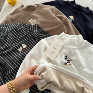 儿童加厚打底衫男2025冬季新款小童条纹上衣潮宝宝卡通T恤女羊绒