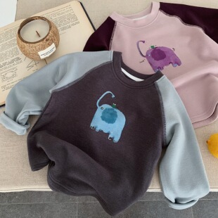 儿童弹力T恤男加绒2025秋冬新款小童插肩袖宝宝小象打底衫女柔软