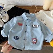 小童字母开衫 2026春秋新款 贴标宝宝衬衣女洋气 男韩版 儿童条纹衬衫