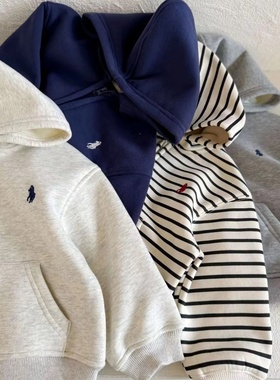 儿童连帽卫衣男秋冬宝宝纯色开衫加绒洋气小童条纹外套女一体绒