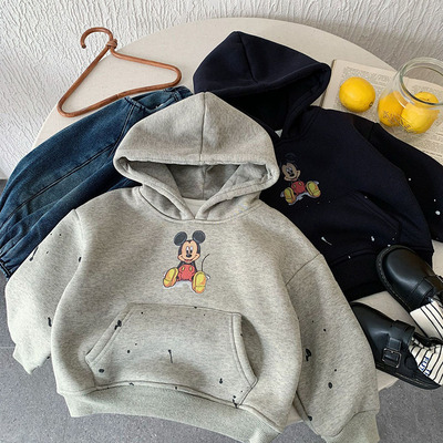儿童连帽卫衣男加绒2025冬季新款宝宝泼墨上衣小童卡通帽衫女加厚