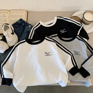 男童条纹恐龙休闲上衣女宝宝套头打底衫 儿童长袖 T恤2026春秋新款