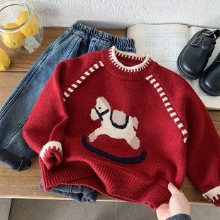 儿童红色毛衣男冬季2025新款小童喜庆针织衫宝宝小马打底衫女过年