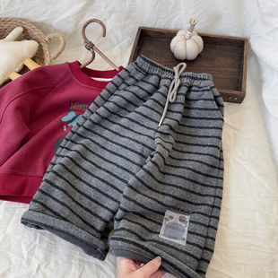 儿童加绒长裤男女童呢子裤2025冬新款宝宝条纹加厚直筒裤保暖洋气