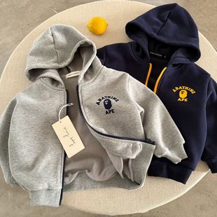 儿童连帽外套男加绒2025冬季款中小童潮牌上衣宝宝卫衣开衫女加厚