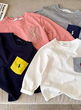 儿童长袖T恤春季男童2025新款上衣小童口袋T潮牌宝宝打底衫女纯棉