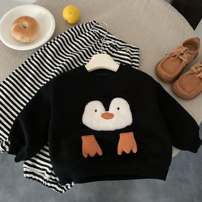 儿童卫衣加绒冬季款男童卡通套头上衣洋气宝宝企鹅打底衫女一体绒
