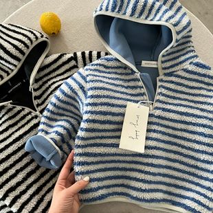 儿童加绒连帽卫衣男女童加厚外套2025冬季新款宝宝条纹套头衫保暖