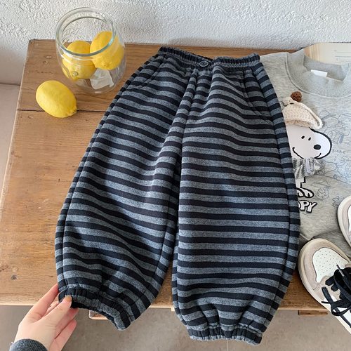 儿童条纹休闲裤男加绒2025冬季新款小童装卫裤宝宝束脚长裤女加厚