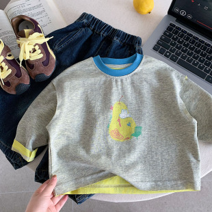 女洋气 中小童撞色上衣宝宝打底衫 儿童卡通T恤男纯棉2026春季 新款