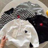 儿童纯色T恤男童长袖 女洋气 宝宝条纹打底衫 春季 小童爱心上衣中式