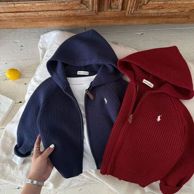 儿童连帽针织衫冬季男童2025新款毛衣开衫潮宝宝纯色外套女加厚