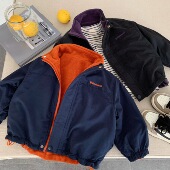 儿童双面穿外套男加绒冬季 宝宝贴标毛毛衣保暖小童纯色夹克女洋气