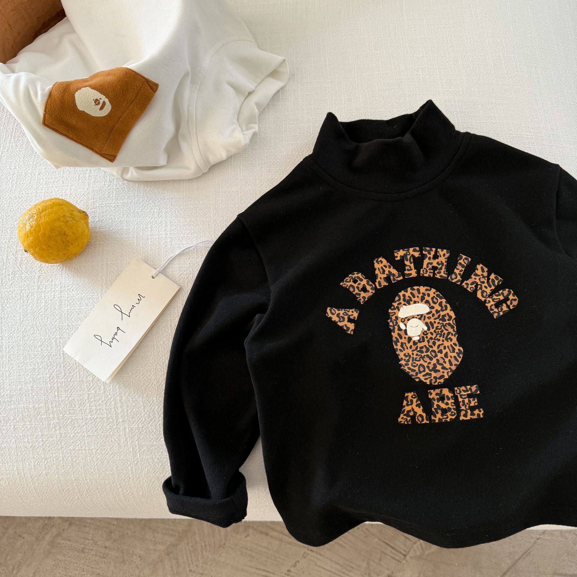 儿童半高领打底衫男冬季款小童卡通T恤一体绒潮宝宝打底衫女加绒