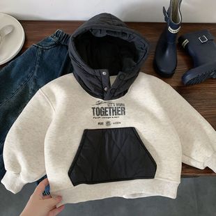 儿童连帽卫衣男加绒冬季新款小童口袋上衣洋气宝宝连帽外套女加厚