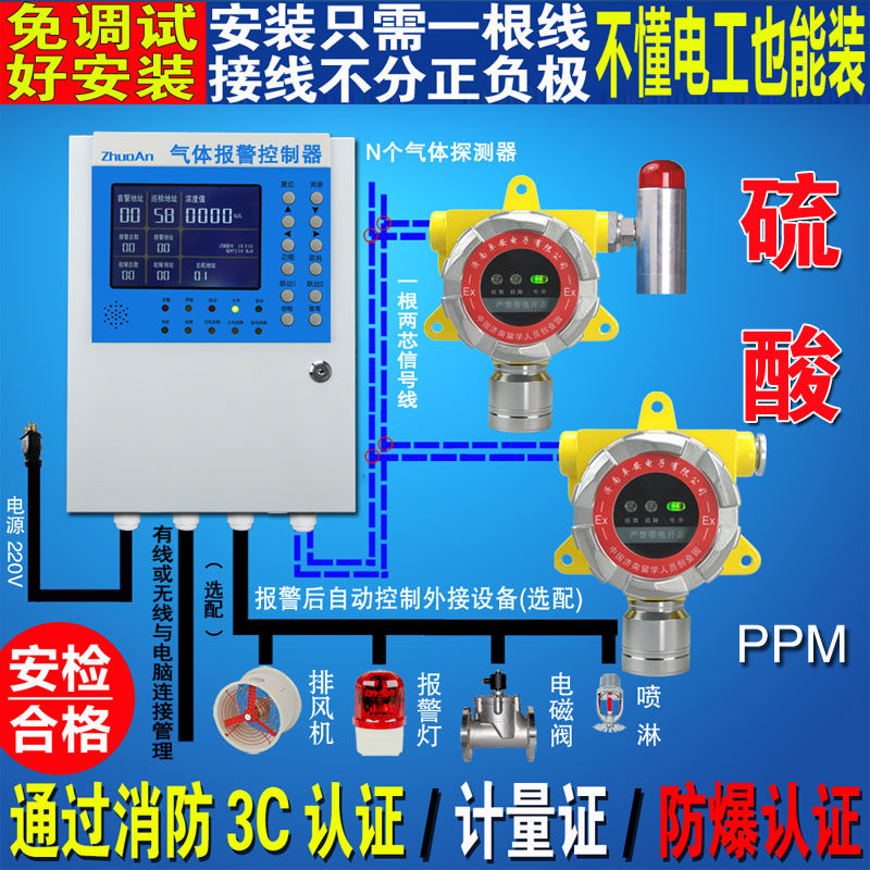 硫酸仓库气体报警器制药厂气体泄漏检测仪浓度探测器报警主机探头