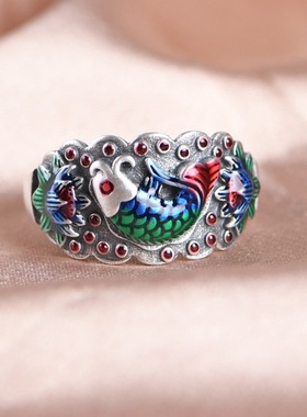 气质文艺国潮民族风复古雅美锦鲤鱼荷花开口指环S925银烧蓝戒指女