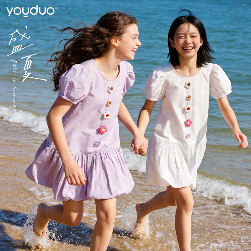 日系清新女童连衣裙26夏季新款裙子泡泡袖立体小花儿童公主裙夏装