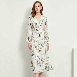 丁摩 春秋烂花绡丝绒镂空网纱连衣裙时尚修身开叉大摆裙Q121044