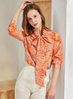 丁摩 真丝印花气质大码长袖蝴蝶结开衫橙色宽松桑蚕丝衬衫Q121056