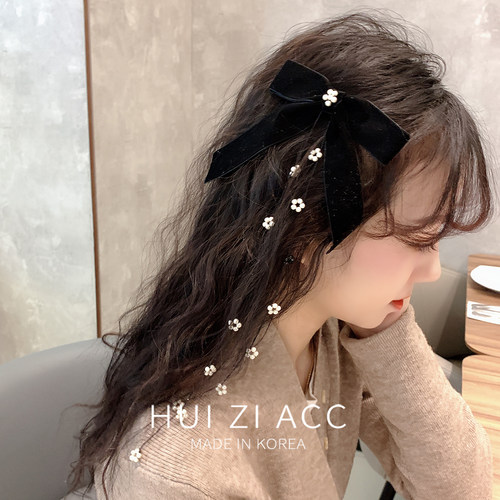 阿吉家同款甜酷韩国少女系列珍珠拼花点缀丝绒双层蝴蝶结流苏发夹 - 封面