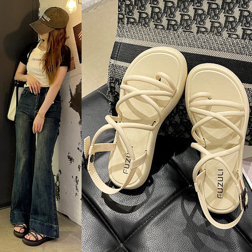 夏季休闲厚底套趾凉鞋女交叉细带