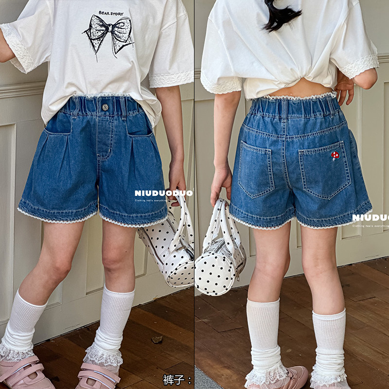 牛哆哆童装2025夏季女童蕾丝花边牛仔短裤小蘑菇绣花热裤潮91368
