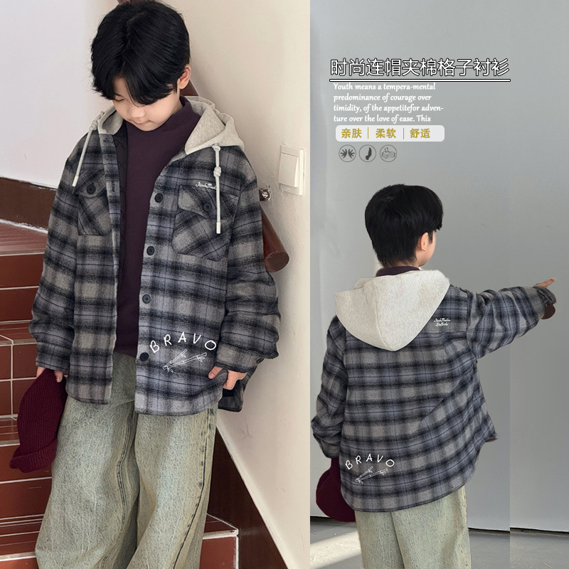 布芮欧童装韩版夹棉格子连帽外套