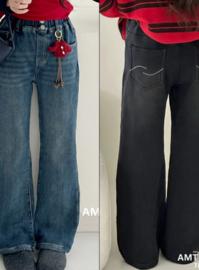 爱木橦童装2025冬季新款女童时尚一体绒微喇牛仔裤休闲长裤潮7869