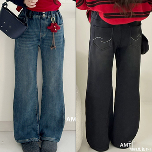 爱木橦童装2025冬季新款女童时尚一体绒微喇牛仔裤休闲长裤潮7869