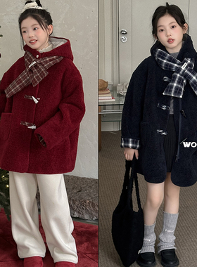 wooso吾束女童装2025冬款节日氛围感格子毛绒连帽大衣送围巾55399