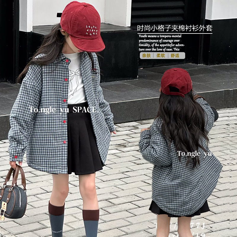 童乐鱼童装2025冬季新款女童格子衬衫夹棉外套中大童休闲上衣6977