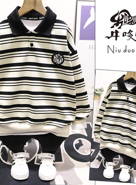 牛哆哆童装秋装男女童复古polo领条纹卫衣字母贴标上衣28567