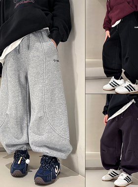 大E小e童装2025冬季儿童简约刺绣一体绒运动裤男女童束脚裤66620